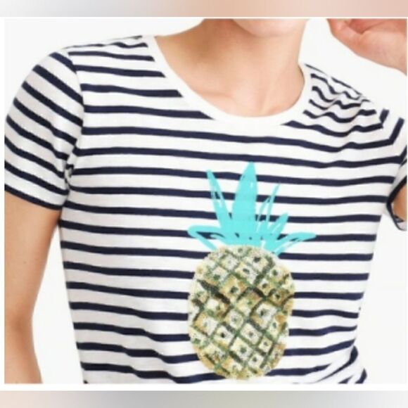 J. Crew Sequin Pineapple Tee, Navy & White Striped, Summer, Spring | XL - Picture 3 of 10